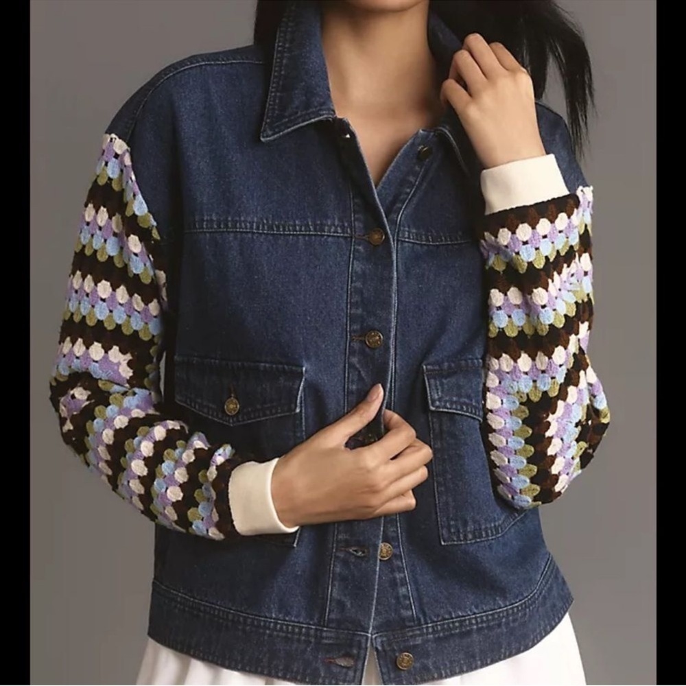 Anthropologie Crochet-Sleeve Denim Jacket Size Small
